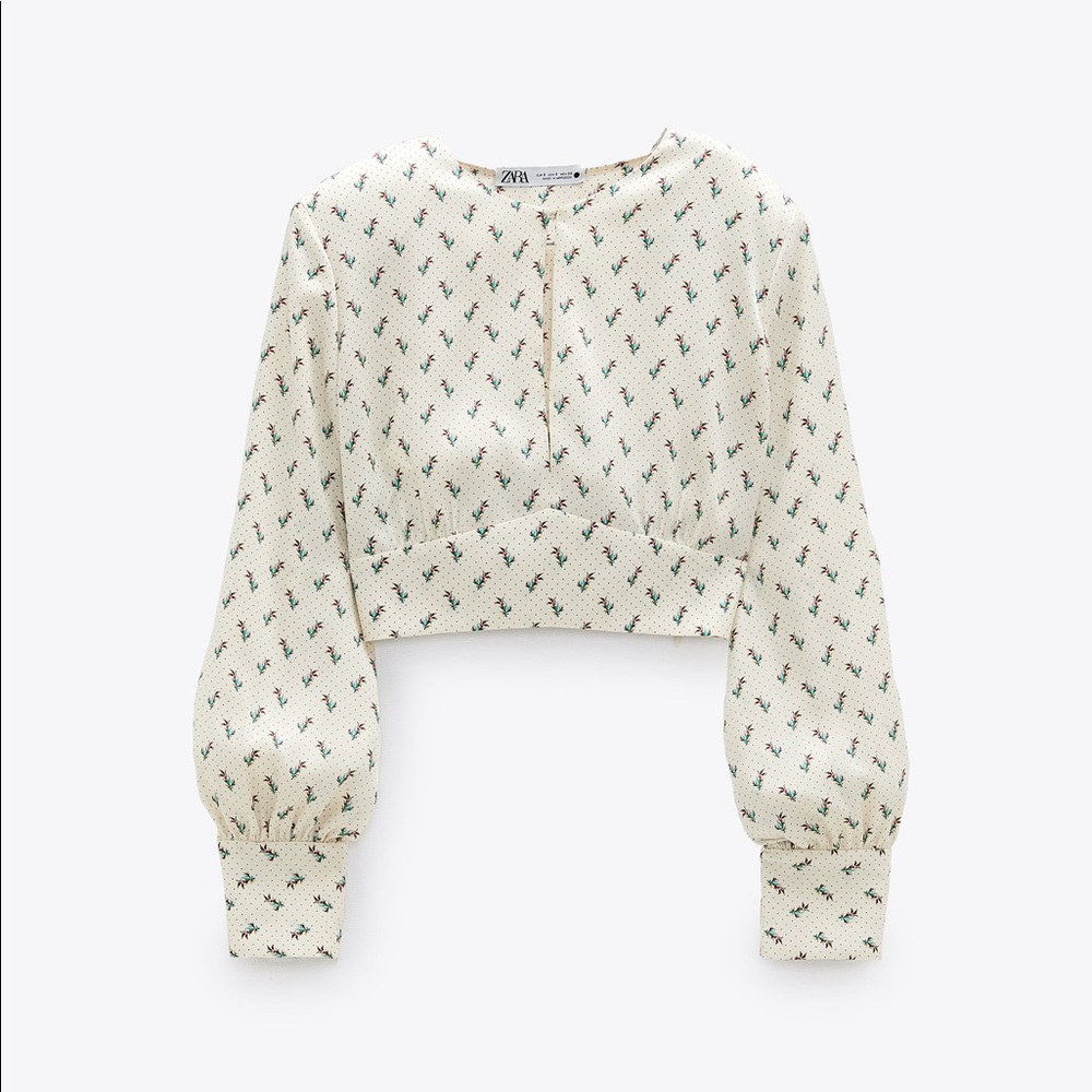 Zara Floral Print Shoulder Pad Blouse with Front Keyhole